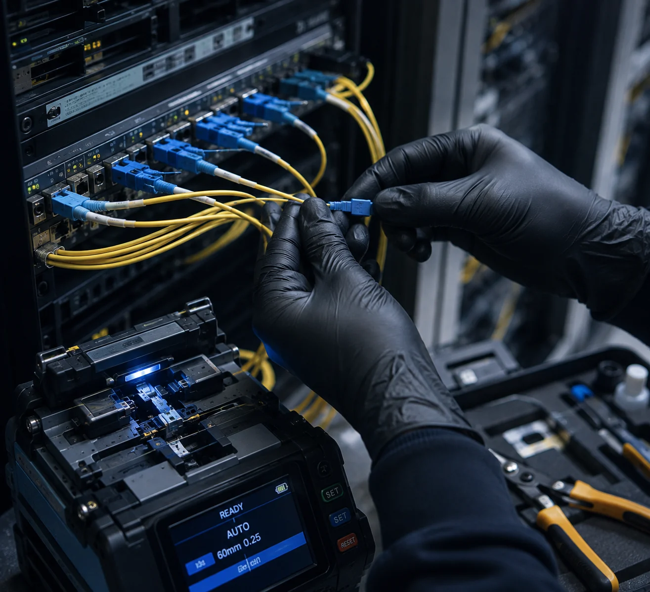 Gloved hands connecting fiber patch cords to a data center patch panel