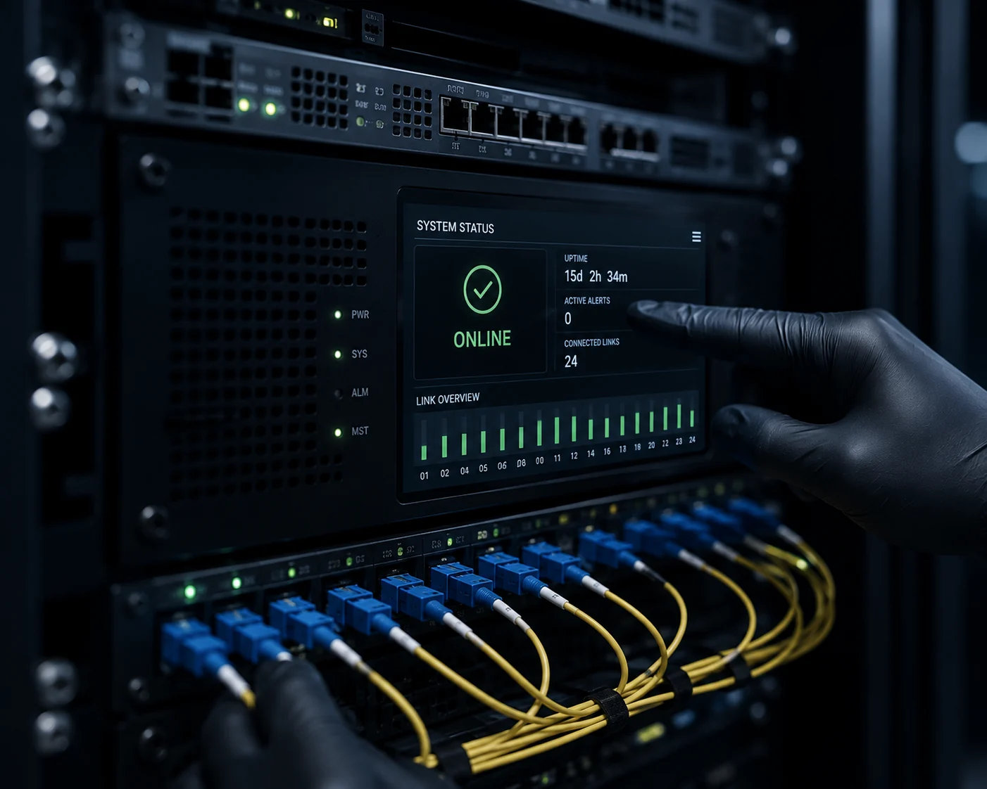 A monitoring panel above a patch field reporting all links online