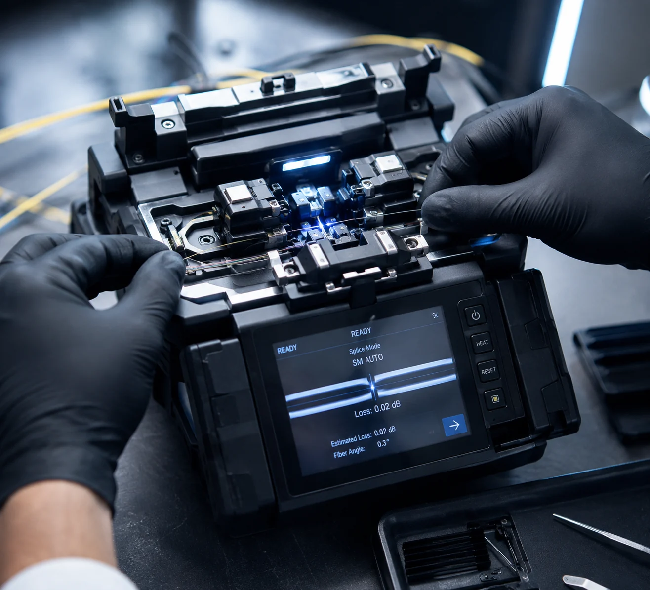 A fusion splicer showing a completed splice with 0.02 dB loss